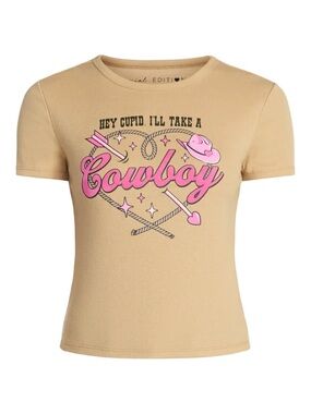 Hey Cupid I'll Take a Cowboy Graphic Tee - Tan & Pink